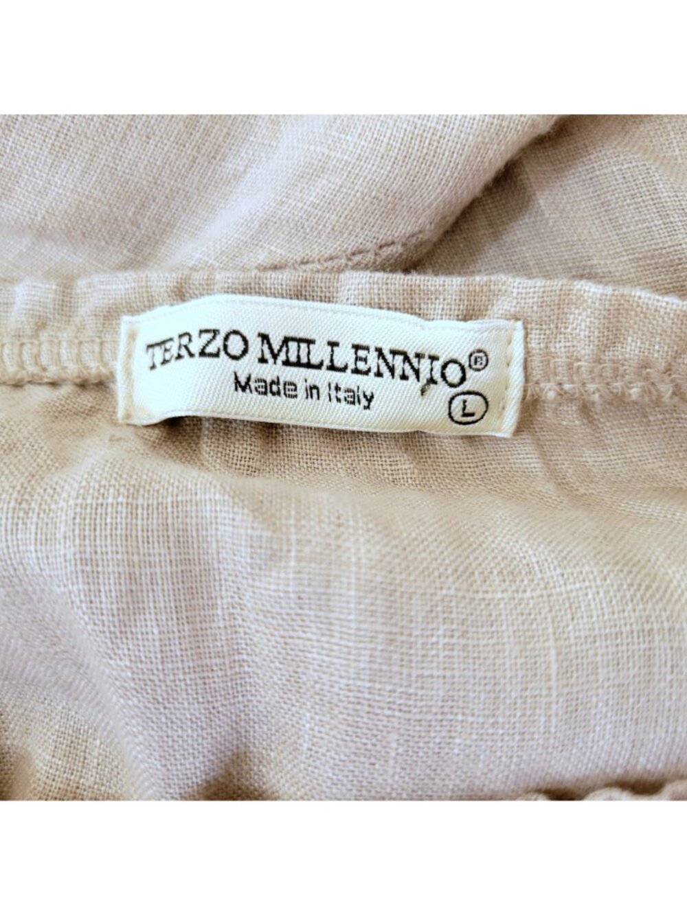 Terzo Millennio Beige Linen Dress With Bell Sleeves & Crochet Inserts Size L Mad - Picture 4 of 7